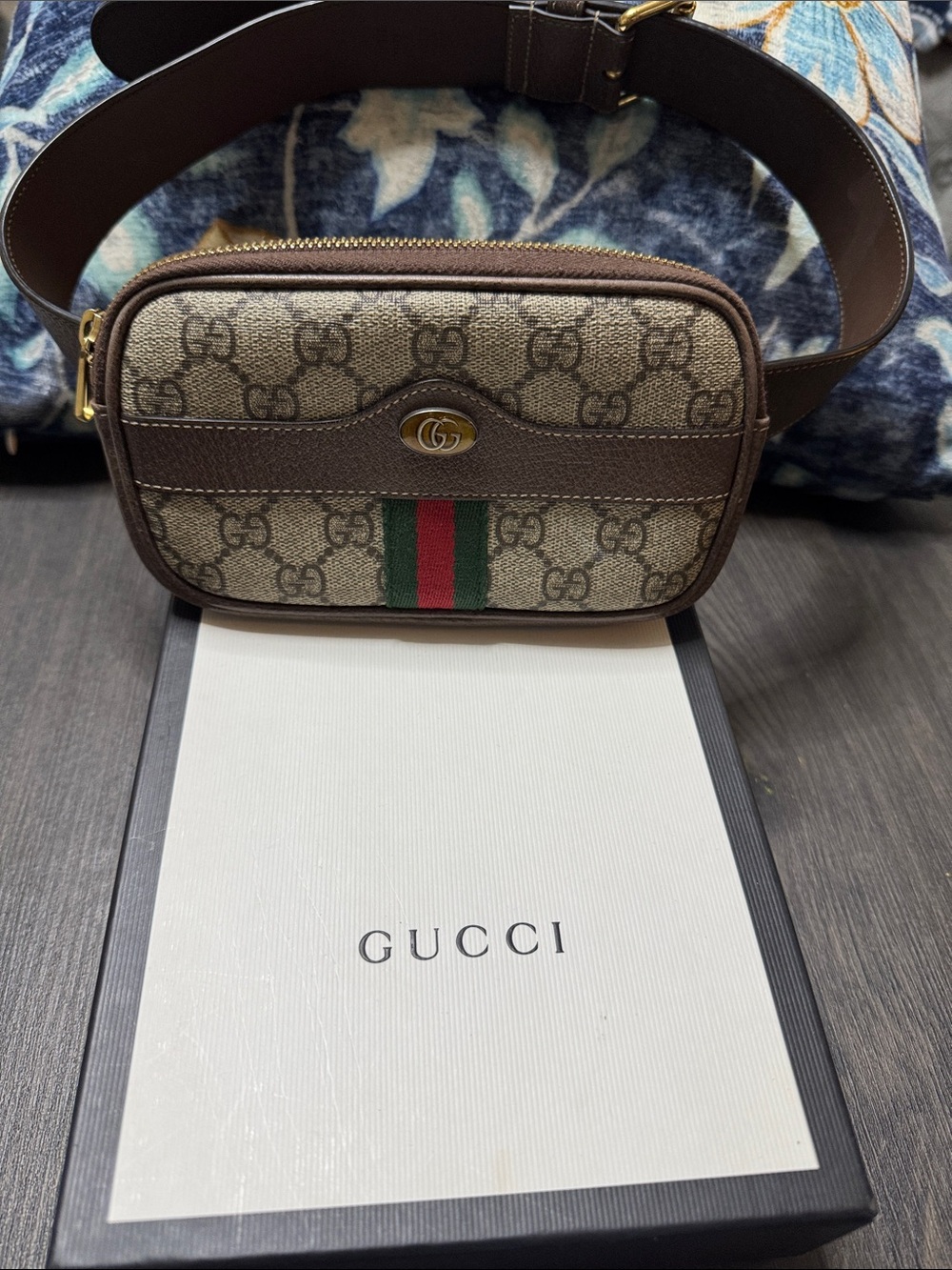 Gucci Brown GG Supreme Crossbody Belt Bag with Green-Red Web Stripe